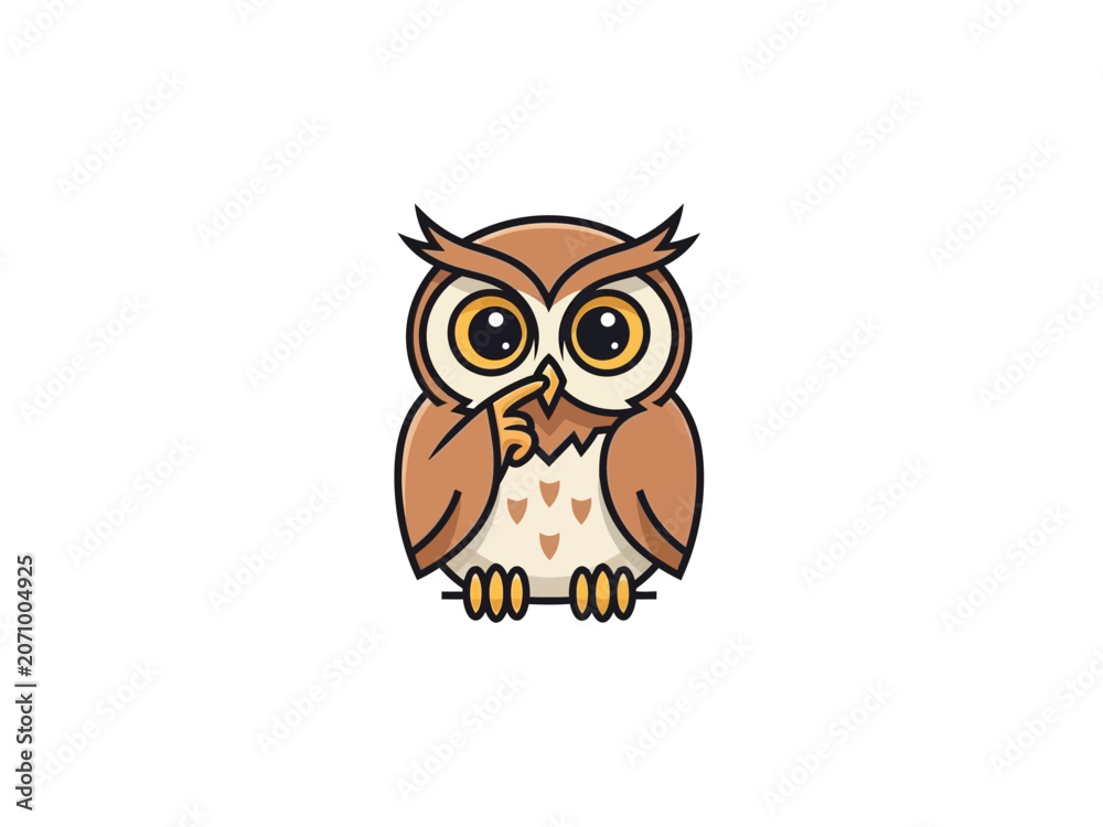 Naklejka premium Cute cartoon owl with finger on lips, asking for silence, illustration.