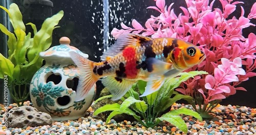 Calico goldfish swimming in a decorated home aquarium tank with plants.