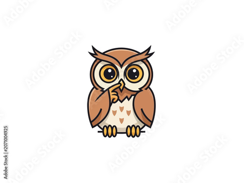 Cute cartoon owl with finger on lips, asking for silence, illustration.