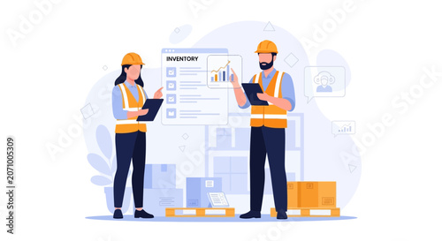 Warehouse workers manage inventory using digital tools, highlighting logistics, supply chain, and data analysis in a modern setting.