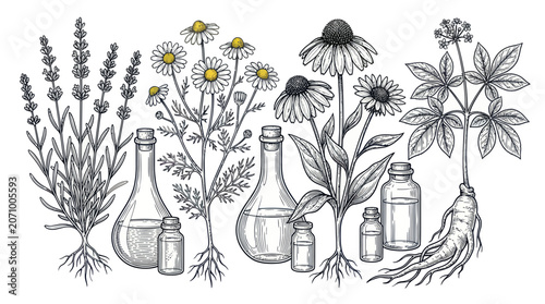 Medicinal herbs and essential oil bottles in botanical style