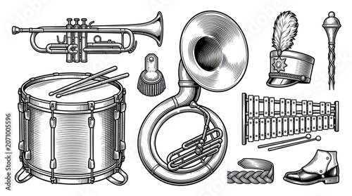 Marching band instruments and parade uniform accessories set