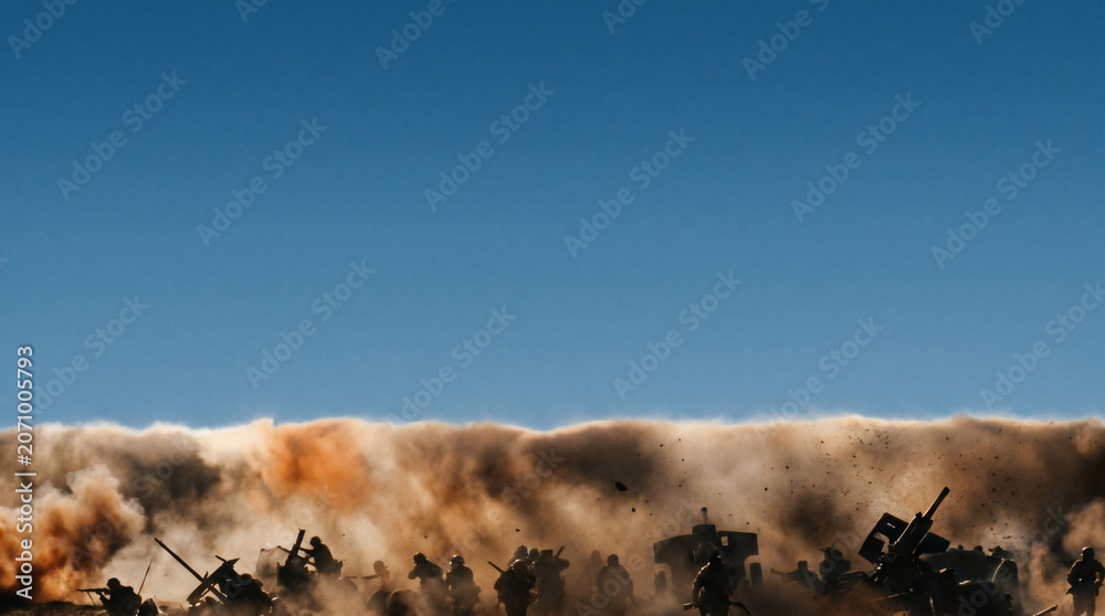 Fototapeta premium Warzone Demolition: A scene of intense conflict with military vehicles and explosions creating a massive dust cloud under a clear blue sky, depicting the chaos and destruction of war.