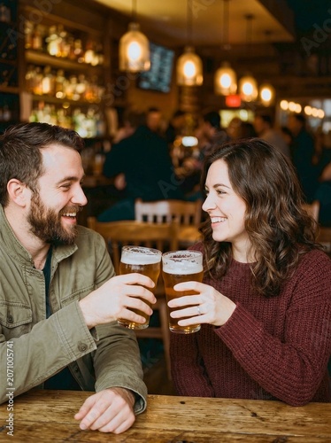 Couple smiling and toasting with beer glasses at a cozy bar under warm lighting