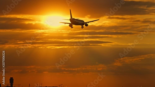 Airplane approaching airport during a dramatic golden sunset with clouds