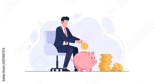 Businessman depositing coins into piggy bank, representing savings and financial growth