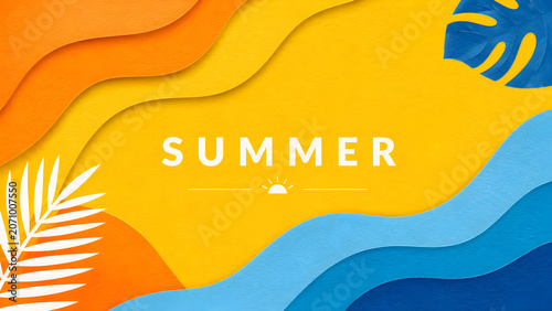 Abstract minimal summer horizontal poster, cover, banner, card with bright sun in the blue sky and modern typography. Summer holidays, journey, vacation travel illustration. Promo ads design template