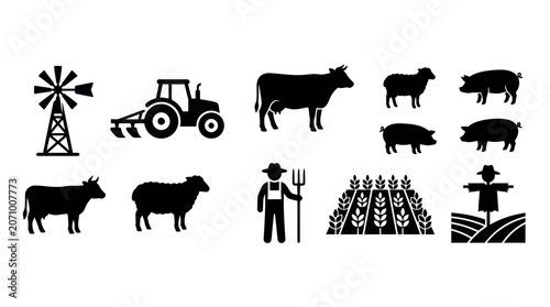 Schilderij op canvas Agricultural farm icons including tractor livestock and tools