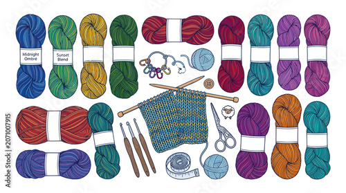 Foto Colorful knitting and crochet supplies with wool skeins and tools