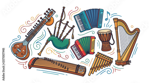Schilderij op canvas Various acoustic folk and ethnic musical instruments collection