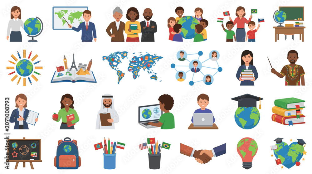 Naklejka premium Global education and learning icons vector set with diversity, technology, books, graduation and international classroom concepts in flat design style