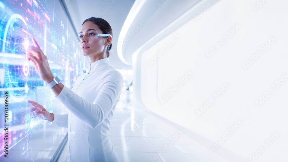 Fototapeta premium Futuristic woman using transparent holographic interface in white lab. Concept for human computer interaction, wearable technology and digital productivity. 
