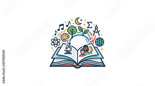 Educational Concept with Open Book and Diverse Learning Icons