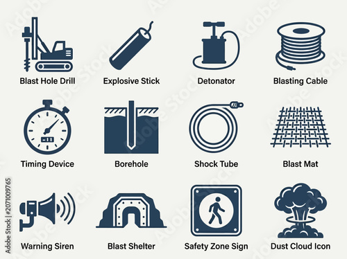 Flat minimal vector icon set of 12 drilling and blasting elements: blast hole drill, explosive stick, detonator, blasting cable, timing device, borehole, shock tube, blast mat, warning siren, blast 