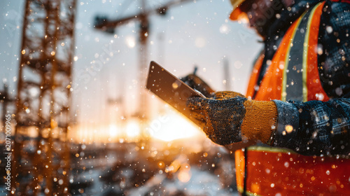 Artistic Construction Site at Sunset: Blurred Supervisor Inspecting Project with Crane Background
