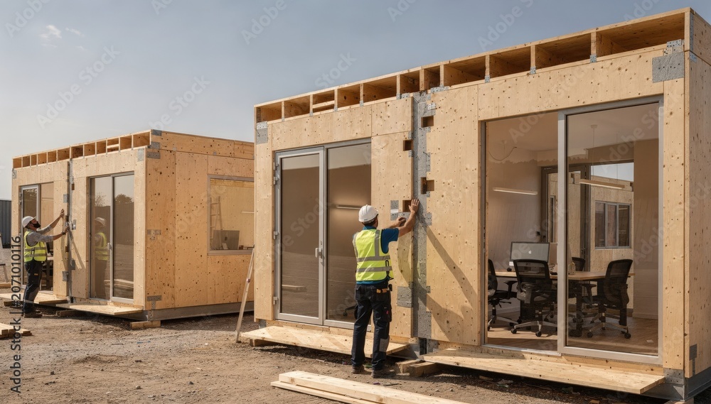 Fototapeta premium Medium shot of modular prefabricated wood office kits being assembled showcasing efficient panelized shell construction and modern workspace design for quick setups.