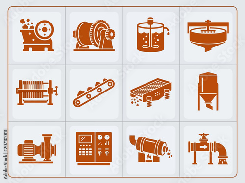 Premium flat vector icon set of 12 mining processing plant components: crusher, grinder mill, flotation tank, thickener, filter press, conveyor belt, screening machine, ore bin, slurry pump, control 