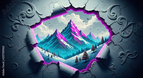 Digital illustration of a neon mountain landscape seen through a cracked ornate wall. Vibrant blue and pink peaks with pine trees and birds. Surreal glowing nature background