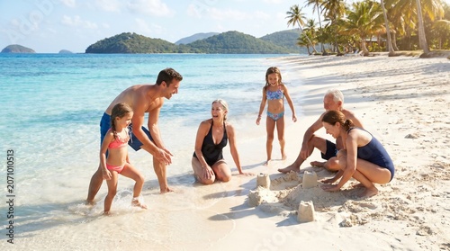 Multi-generational family building sandcastles on a tropical beach vacation