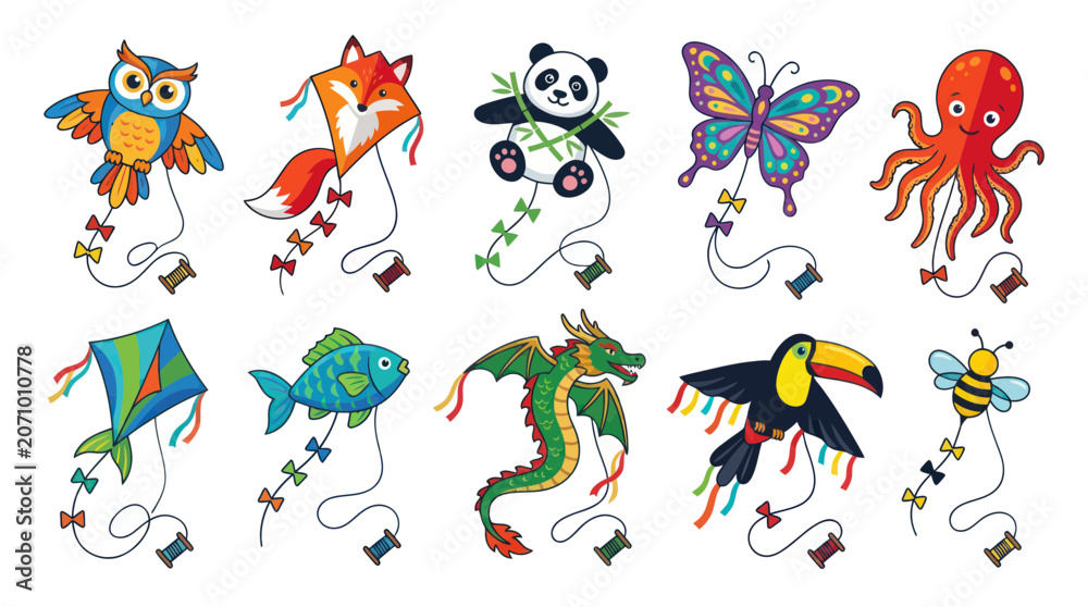 Obraz premium Cute animal and creature shaped kites set with string spools