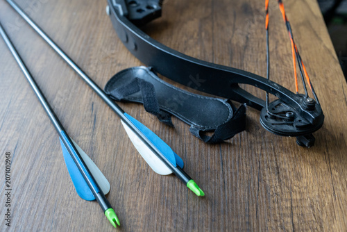 Close-up of compound bow and arrow