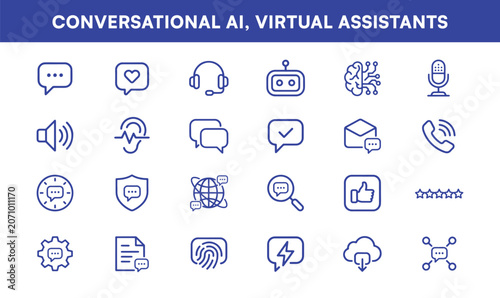 Conversational AI and Virtual Assistant Line Icons Set Vector for Chatbot, Tech, and Digital Communication Design
