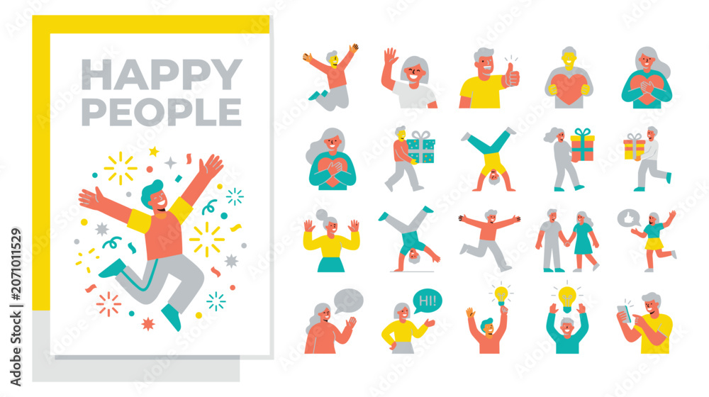 Fototapeta premium Happy people diverse characters celebrating and enjoying life with vibrant colors and confetti elements.