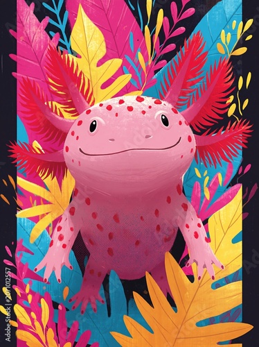 Colorful digital illustration of a smiling pink axolotl. Cute aquatic salamander character surrounded by vibrant tropical leaves. Whimsical nature art design