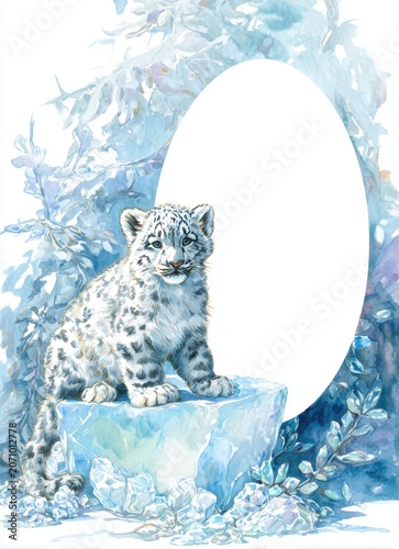 Watercolor illustration of a snow leopard cub on ice. Winter wildlife painting with white oval frame for copy space. Baby animal in icy nature background