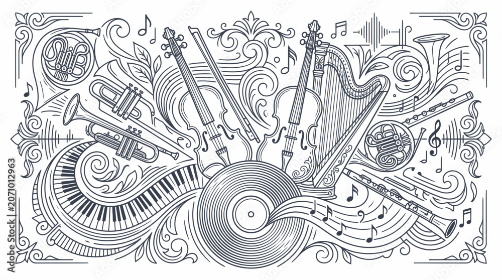 Obraz premium Ornate composition of classical instruments and vinyl record