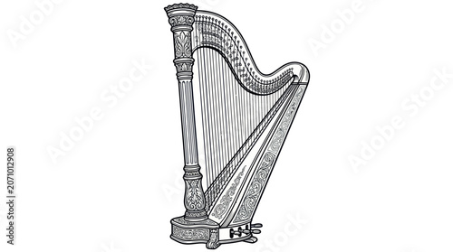 Ornate classical pedal harp with intricate decorative engravings