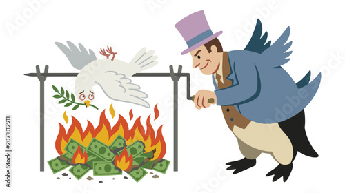 Obraz na plátně Penguin character cooking dove over fire of money representing destruction for profit