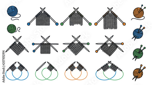 Fotografie Knitting icons with yarn balls needles and stitch patterns