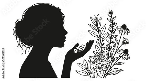Woman holding capsules with medicinal herbs for natural wellness