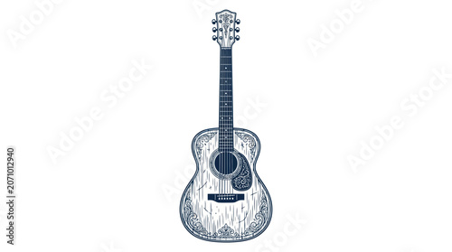 Vintage acoustic guitar with intricate floral patterns and engraving