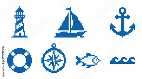 Blue nautical pixel art icon set with maritime symbols