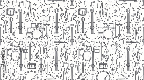 Musical instrument seamless pattern with guitar drums and saxophone