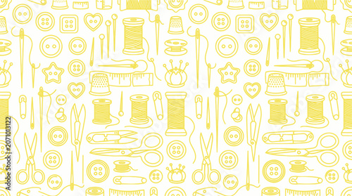Photos Seamless pattern with yellow sewing and tailoring tools doodle
