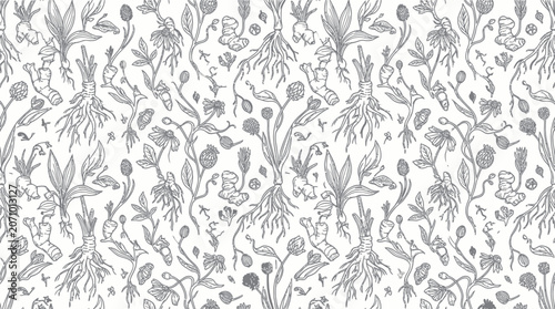 Fotografía Seamless botanical pattern featuring hand drawn roots and herbs