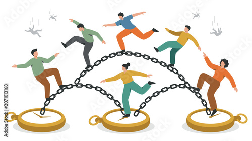 Billede på lærred People balancing on chains connecting vintage pocket watches representing time management art