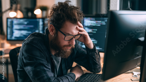 Programmer reviewing thousands of lines of source code before deadline , one man working in the office, stressed work, code, typing code, one monitor with code, day code, photo sty