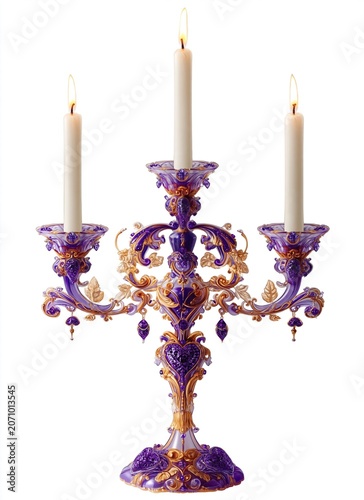 Ornate purple and gold candelabra with three lit candles. Decorative baroque style candle holder isolated on white. Luxury home decor and elegant lighting.