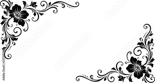 Black floral corner border design with swirling leaves and flowers