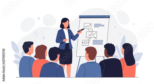 Businesswoman presenting a strategy diagram on a whiteboard to a diverse audience in a modern office meeting.