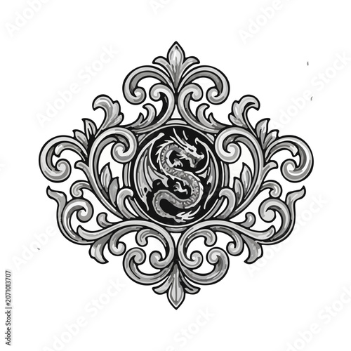 Vintage black and white triptych illustration featuring ornate Asian dragons surrounded by ocean waves, flowers, and swirling clouds in traditional engraving style.