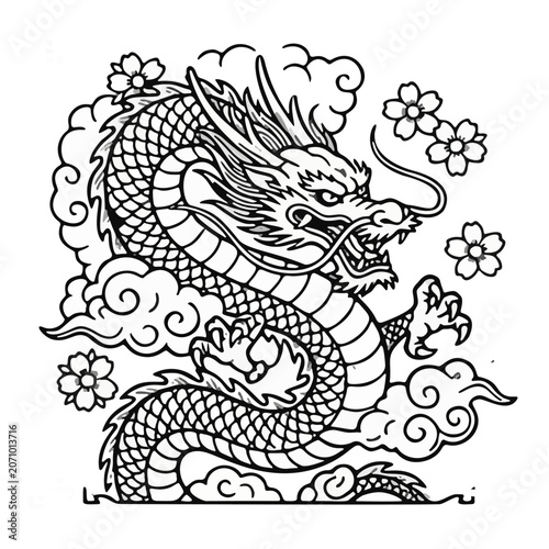 Vintage black and white triptych illustration featuring ornate Asian dragons surrounded by ocean waves, flowers, and swirling clouds in traditional engraving style.