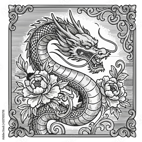 Vintage black and white triptych illustration featuring ornate Asian dragons surrounded by ocean waves, flowers, and swirling clouds in traditional engraving style.