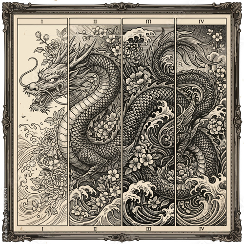 Vintage black and white triptych illustration featuring ornate Asian dragons surrounded by ocean waves, flowers, and swirling clouds in traditional engraving style.