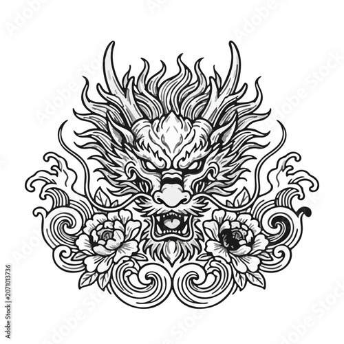 Vintage black and white triptych illustration featuring ornate Asian dragons surrounded by ocean waves, flowers, and swirling clouds in traditional engraving style.