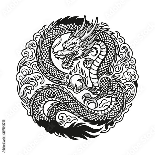 Vintage black and white triptych illustration featuring ornate Asian dragons surrounded by ocean waves, flowers, and swirling clouds in traditional engraving style.